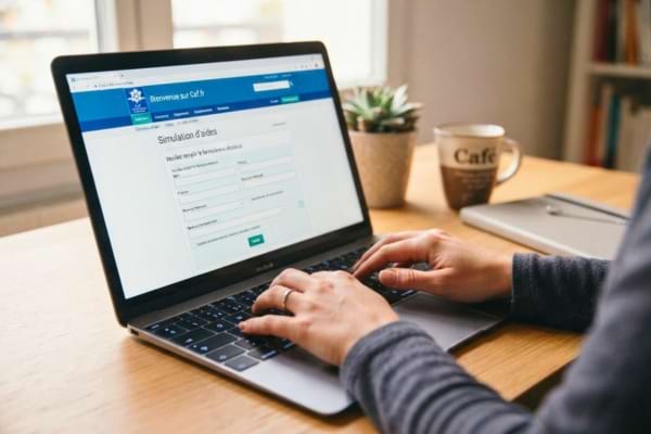 mains féminines tapant sur un clavier d'ordinateur portable. L'écran affiche le site officiel de la CAF