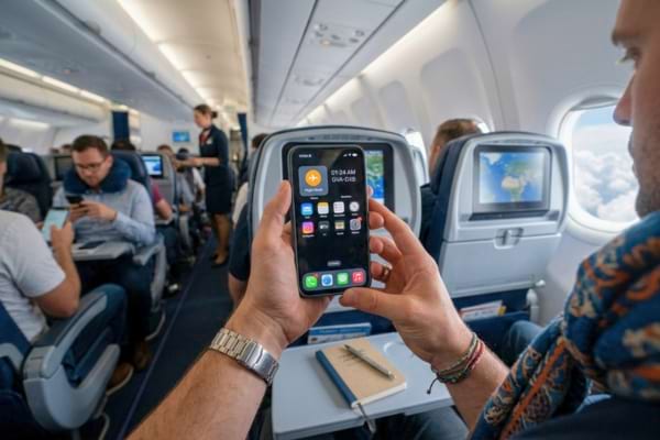 une personne qui tient son smartphone dans un avion
