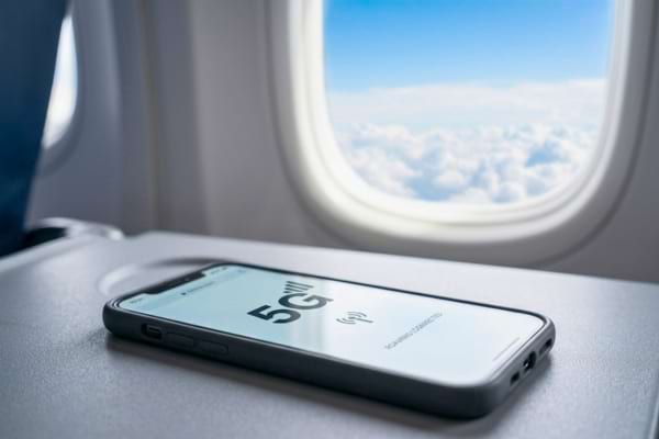 a modern smartphone resting on an airplane tray table. The screen brightly displays a 5G network icon.