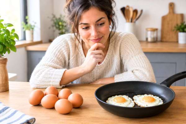 femme qui regarde des oeufs au plat dans la poele pour résoudre son defi de logique