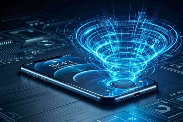 Onde sonore numérique lumineuse bleue sortant du haut-parleur d'un smartphone