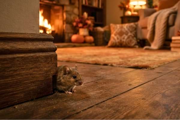 a tiny brown mouse is peeking out from a small crack near the wooden baseboard