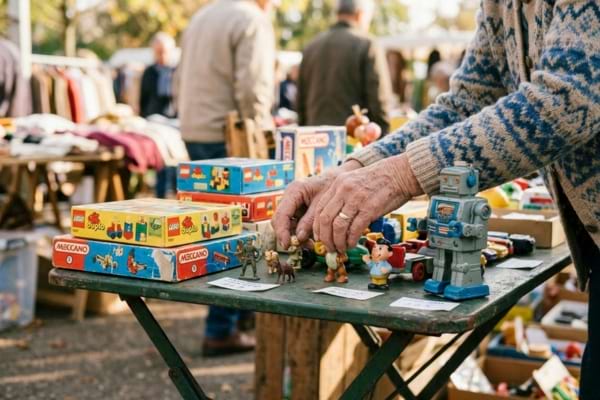 un stand de brocante en plein air. Les mains d'une femme âgée arrangent soigneusement des jouets