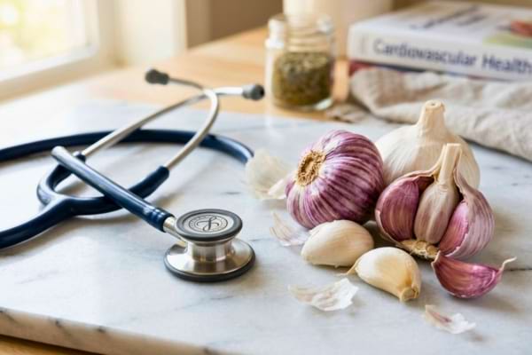 n stéthoscope médical posé délicatement à côté de belles têtes d'ail blanc et violet