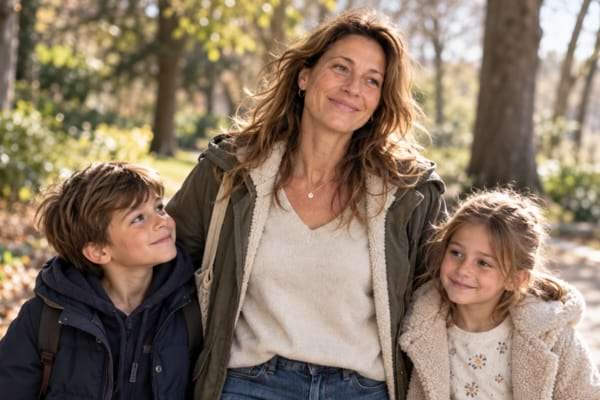 1. Mère marchant dans un parc avec deux enfants, le visage plus apaisé.