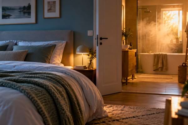 Chambre à coucher et salle de bain illustrant les températures de chauffage adaptées à chaque pièce
