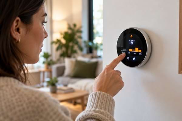 Femme programmant un thermostat intelligent pour réduire sa consommation de chauffage