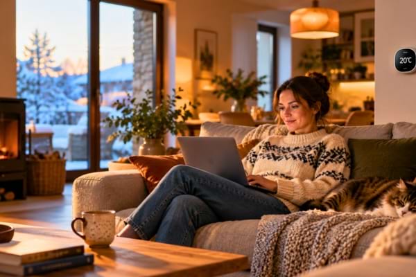 Femme confortablement installée dans son salon chauffé à 20 °C pendant l'hiver