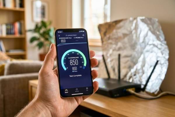 application de test de vitesse internet avec un score très élevé (ex: 850 Mbps)