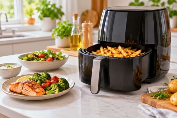un airfryer avec des frites dans une cuisine