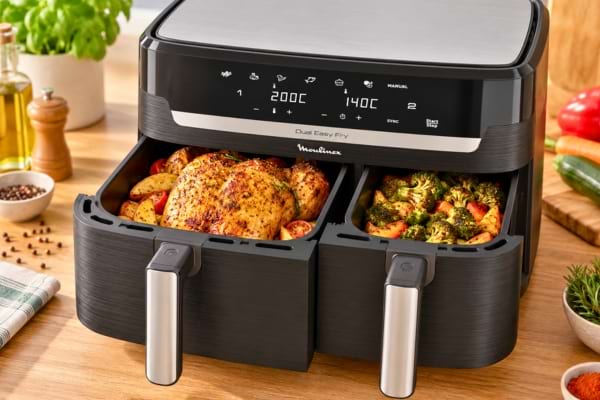 Un airfryer moulinex avec poulet et légume