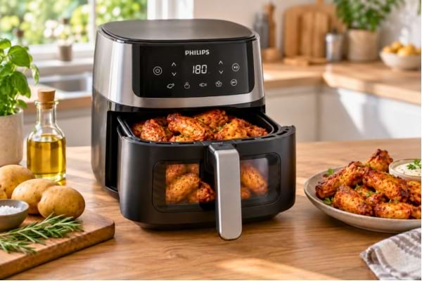Un airfryer Philips avec des ailes de poulets frits