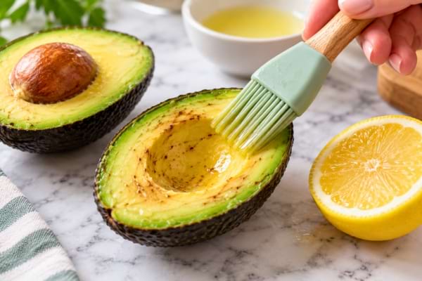 Un demi-avocat pos&eacute; sur un plan de travail en marbre blanc, en train d'&ecirc;tre badigeonn&eacute; de jus de citron 