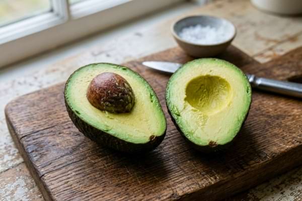 un avocat frais coup&eacute; en deux sur une planche &agrave; d&eacute;couper en bois rustique