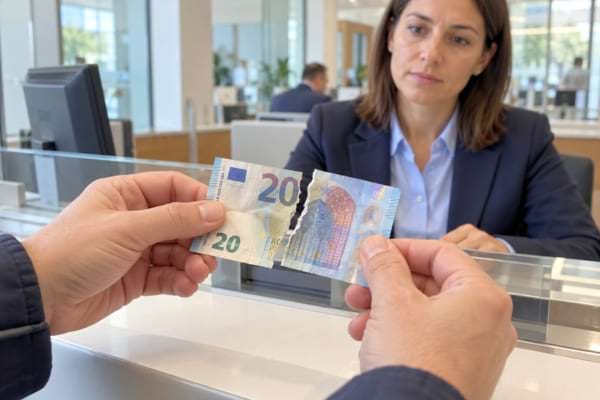 A person presenting a torn 20 euro banknote to a bank teller across a counter