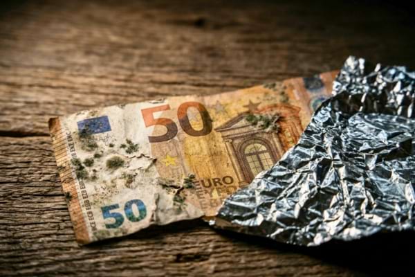 Macro shot of a damaged, slightly moldy euro banknote resting next to a piece of crumpled aluminum foil