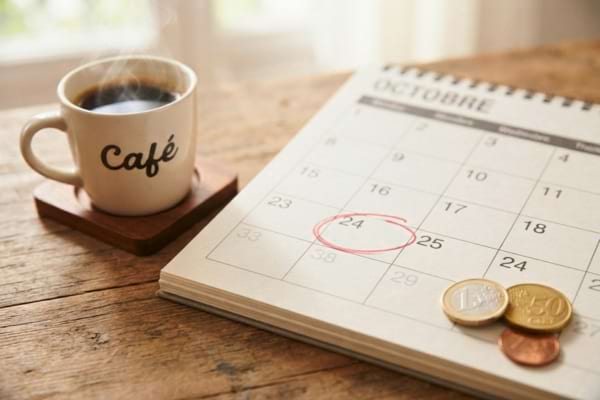 un calendrier de bureau avec la date du jour entourée au stylo rouge, à côté d'une tasse de café