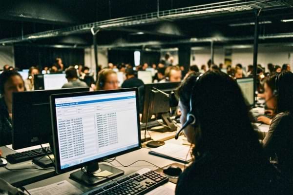 une personne portant un casque audio dans un centre d'appels sombre et surpeuplé