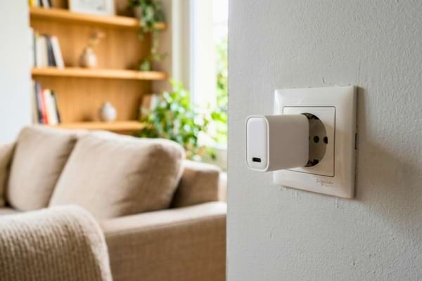 un chargeur USB-C blanc branché dans une prise murale française, sans câble connecté.