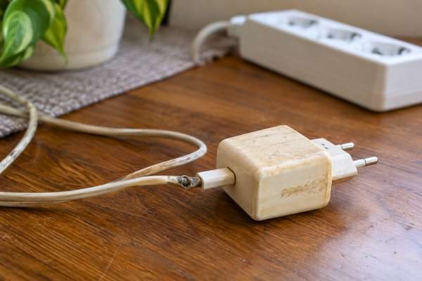 un ancien chargeur électrique présentant une coque légèrement jaunie et un câble usé,