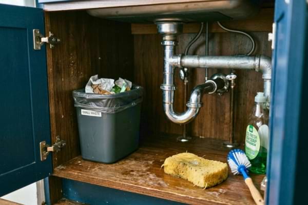 metallic pipes, a small trash bin, and a damp yellow sponge resting on the shelf.