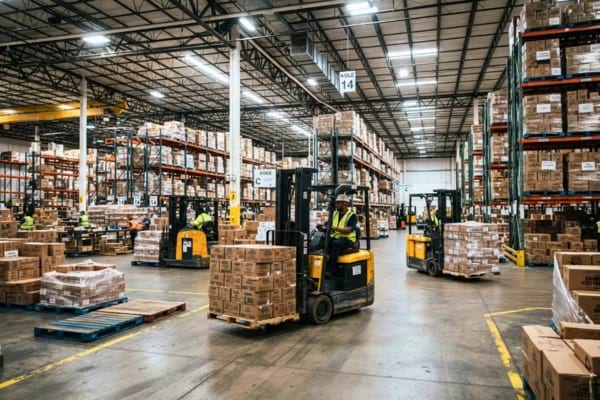 a large warehouse with forklifts moving pallets of food boxes