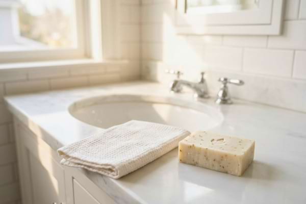 a clean white bathroom sink, a neatly folded white cotton washcloth next to a bar of gentle artisanal soap
