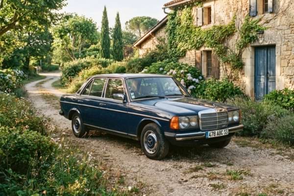 Une Mercedes 200 D classique des années 1980, couleur bleu marine
