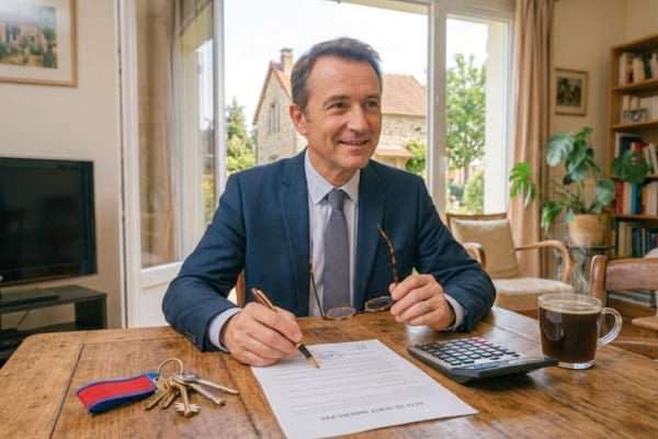 Un notaire professionnel en costume élégant, assis à son bureau