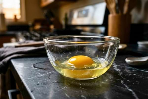  a raw cracked egg inside a clear glass bowl