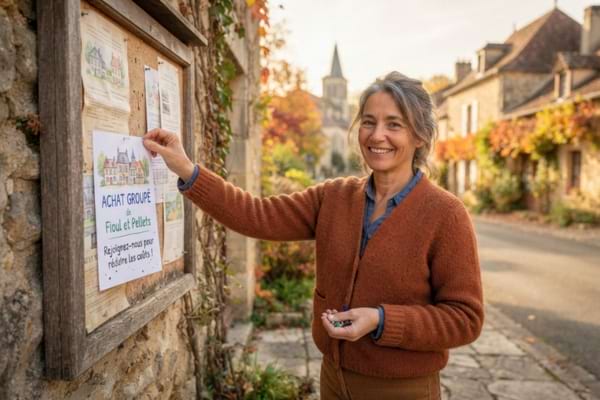 une personne souriante affichant une petite annonce sur le panneau d'affichage public en bois d'un village