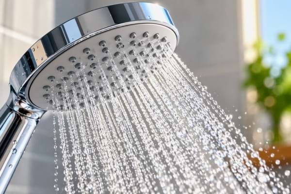 pommeau de douche en fonctionnement faisant jaillir de l'eau