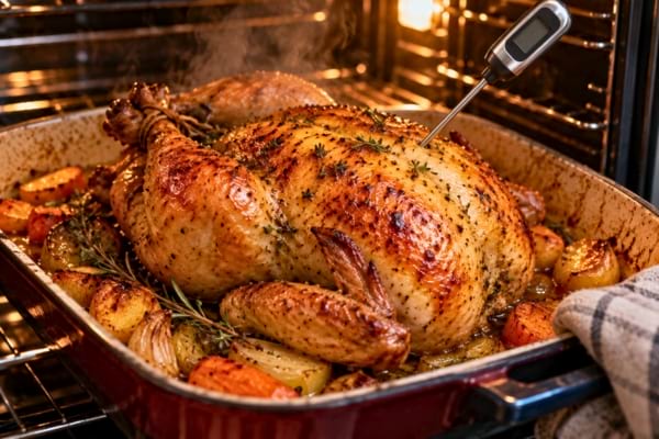 un poulet rôti bien doré sortant du four, avec un thermomètre de cuisson digital en métal planté