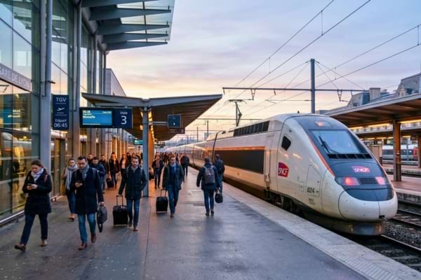 ne gare moderne au petit matin, des voyageurs marchent sur le quai à côté d'un train à grande vitesse