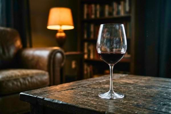 a half-empty glass of red wine left on a dark wooden living room table