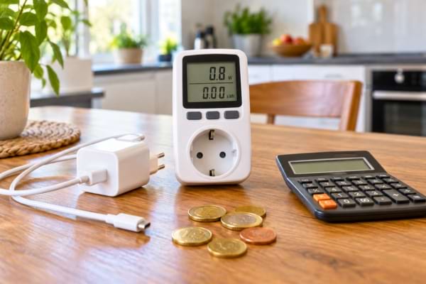 un wattmètre numérique, une calculatrice et quelques pièces en euros