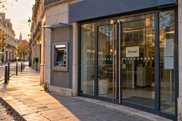 une agence bancaire française fermée avec un panneau "Fermé"