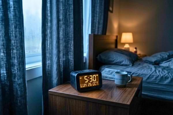 a digital bedside clock showing 5:30 AM, soft cold morning light filtering through bedroom curtains