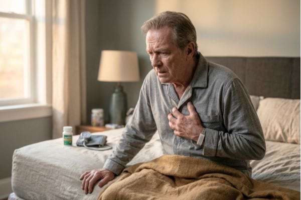 a senior person sitting on the edge of their bed, holding their chest with a worried expression