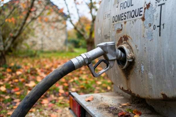 un pistolet de remplissage de camion-citerne ins&eacute;r&eacute; dans l'embouchure d'une cuve domestique ext&eacute;rieure