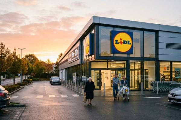 a modern Lidl supermarket exterior in France during early morning, soft sunrise light