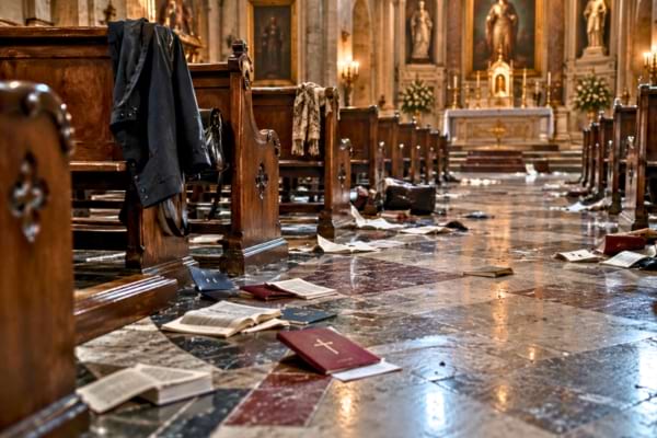 bancs d'église en bois désertés à la hâte, des livrets de prière tombés sur le sol
