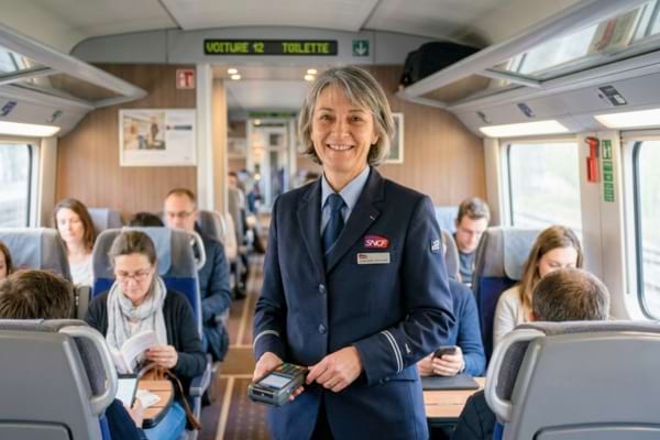 'une contrôleuse de train d'une cinquantaine d'années en uniforme, souriante dans l'allée centrale