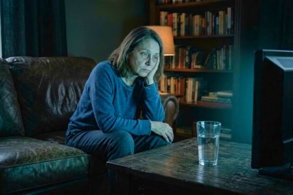 an exhausted 65-year-old woman sitting on a sofa late at night, illuminated by the blue light of a television screen