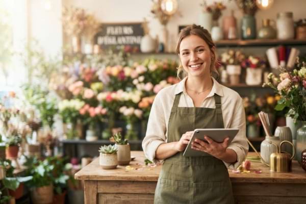 'une jeune femme souriante en tenue de travail (tablier de fleuriste)