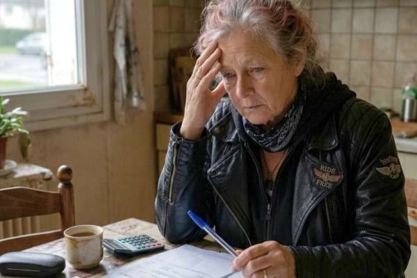 Une femme de 61 ans, au visage fatigué mais digne, est assise à la table d'une cuisine modeste