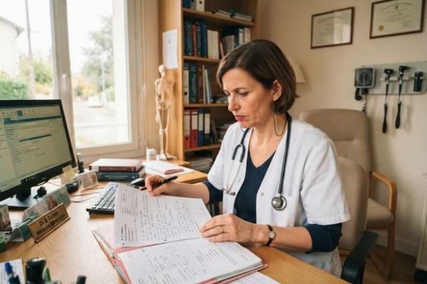 une femme médecin généraliste dans son cabinet, portant une blouse blanche, regardant un dossier médical