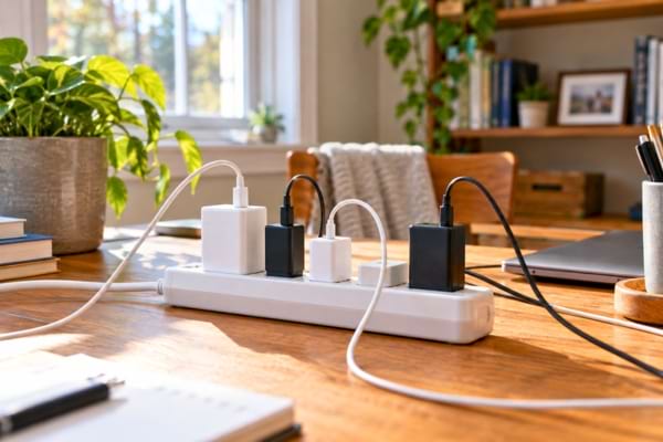 cinq adaptateurs de charge différents, blancs et noirs, de tailles variées, branchés sur une multiprise