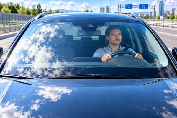 Un homme conduisant un véhicule sur autoroute