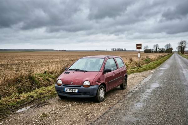 Une vieille voiture citadine garée sur le bas-côté d'une route de campagne isolée en Seine-et-Marne.